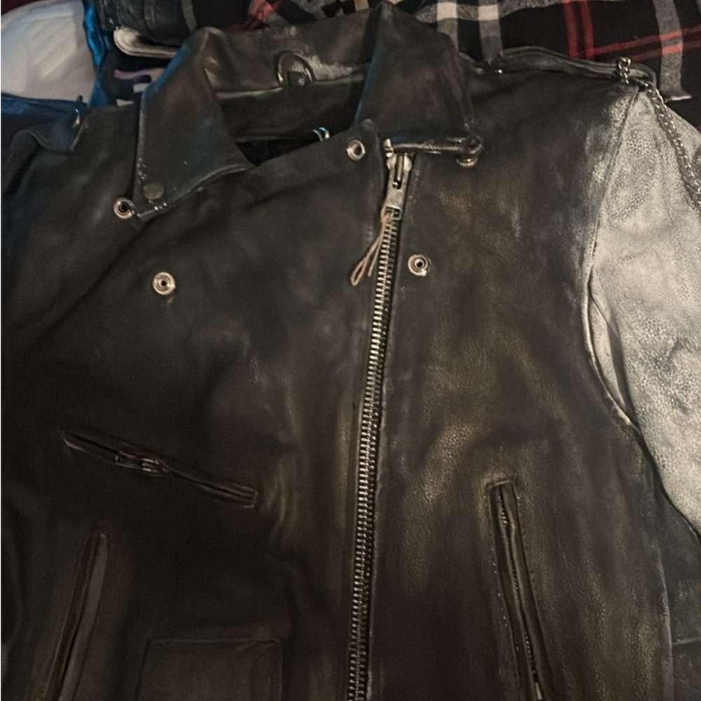 Men's Black Leather Jacket thick biker custom Blondie size 44